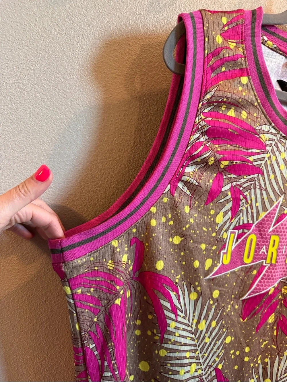 Jordan South Beach Pink Tropical Leaf Sleeveless Jersey with Yellow Accents